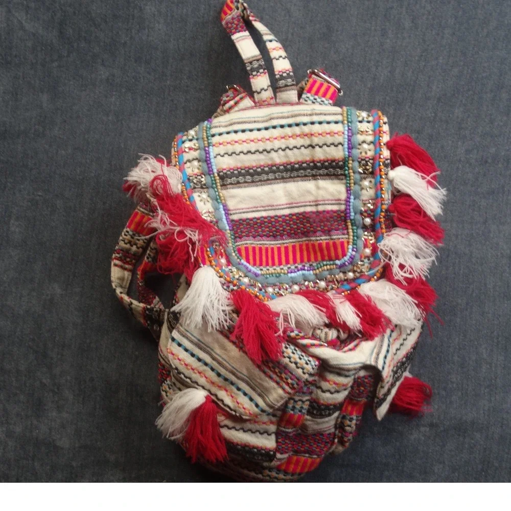 America & Beyond Boho Woven Backpack Womens Small Tassel Multicolor Festival Bag